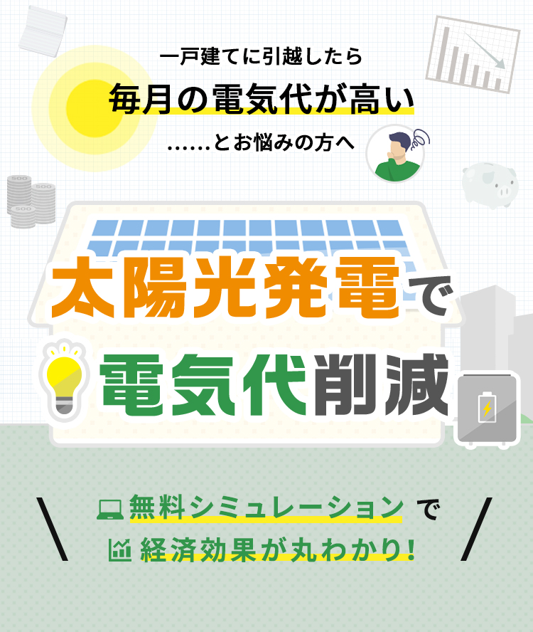 一戸建てに引っ越したら毎月の電気代が高い ……とお悩みの方へ　太陽光発電で電気代削減　無料シミュレーションで経済効果が丸わかり！